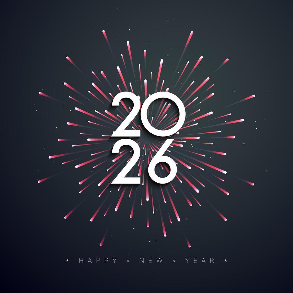 2026 Happy New Year Background Design with Red Fireworks. vector