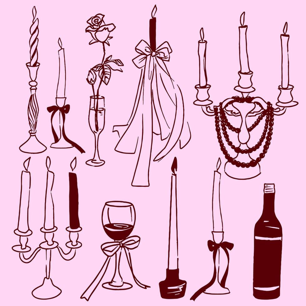 Hand Drawn Romantic Candle and Wine Doodle Clipart Set with Ribbons, Roses, and Pearls on Pink Background vector