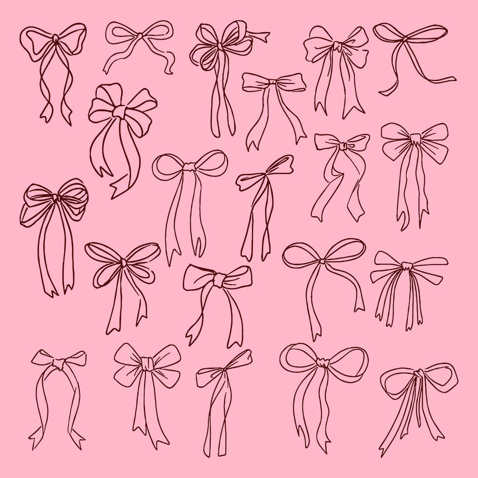 Hand Drawn Ribbon Bow Clipart Set, 21 Feminine Line Art Illustrations on Pink Background vector