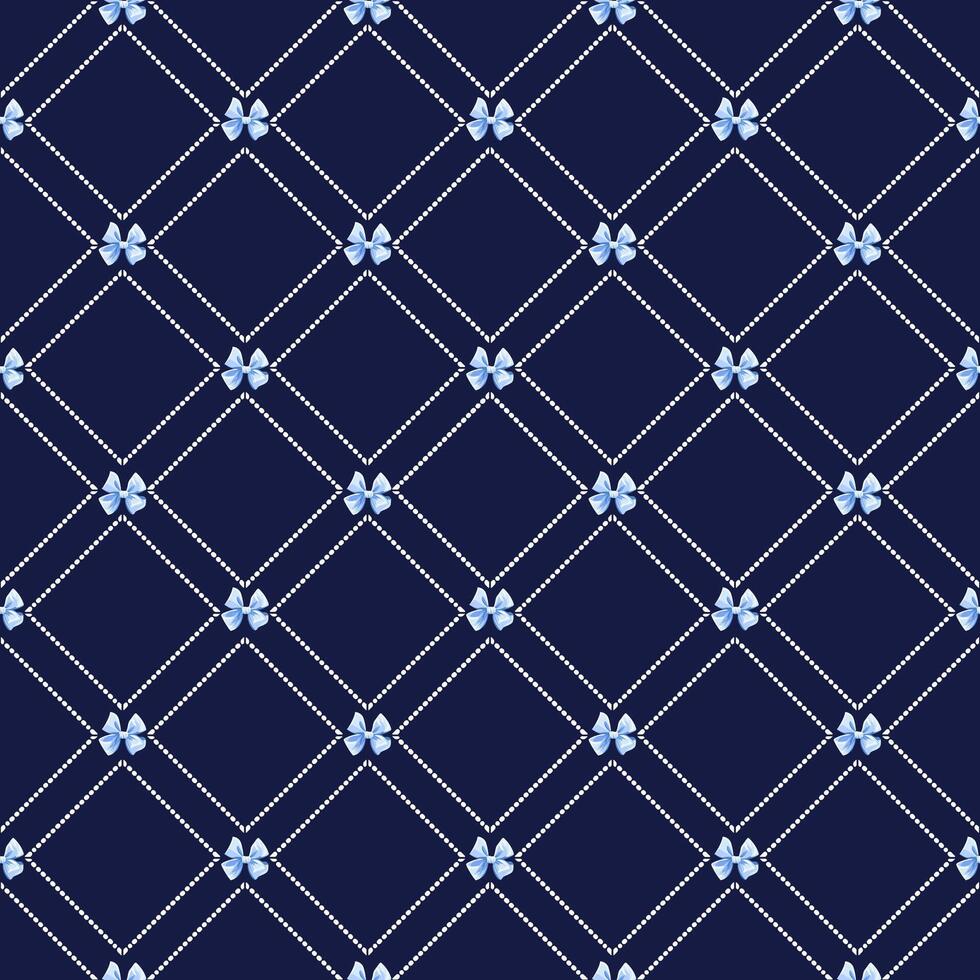Seamless Navy Blue Bow Lattice Pattern, Elegant Repeating Grid with Polka Dot Lines and Ribbons vector