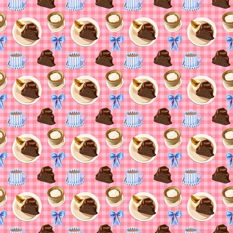 Cute Dessert and Coffee Seamless Pattern on Pink Gingham Background vector