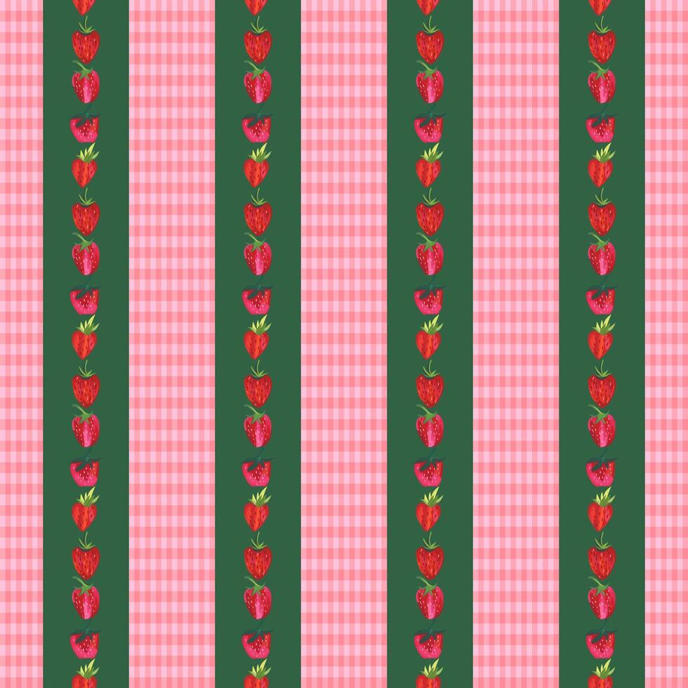 Strawberry Gingham Seamless Pattern, Cute Fruit Vertical Stripe Background vector