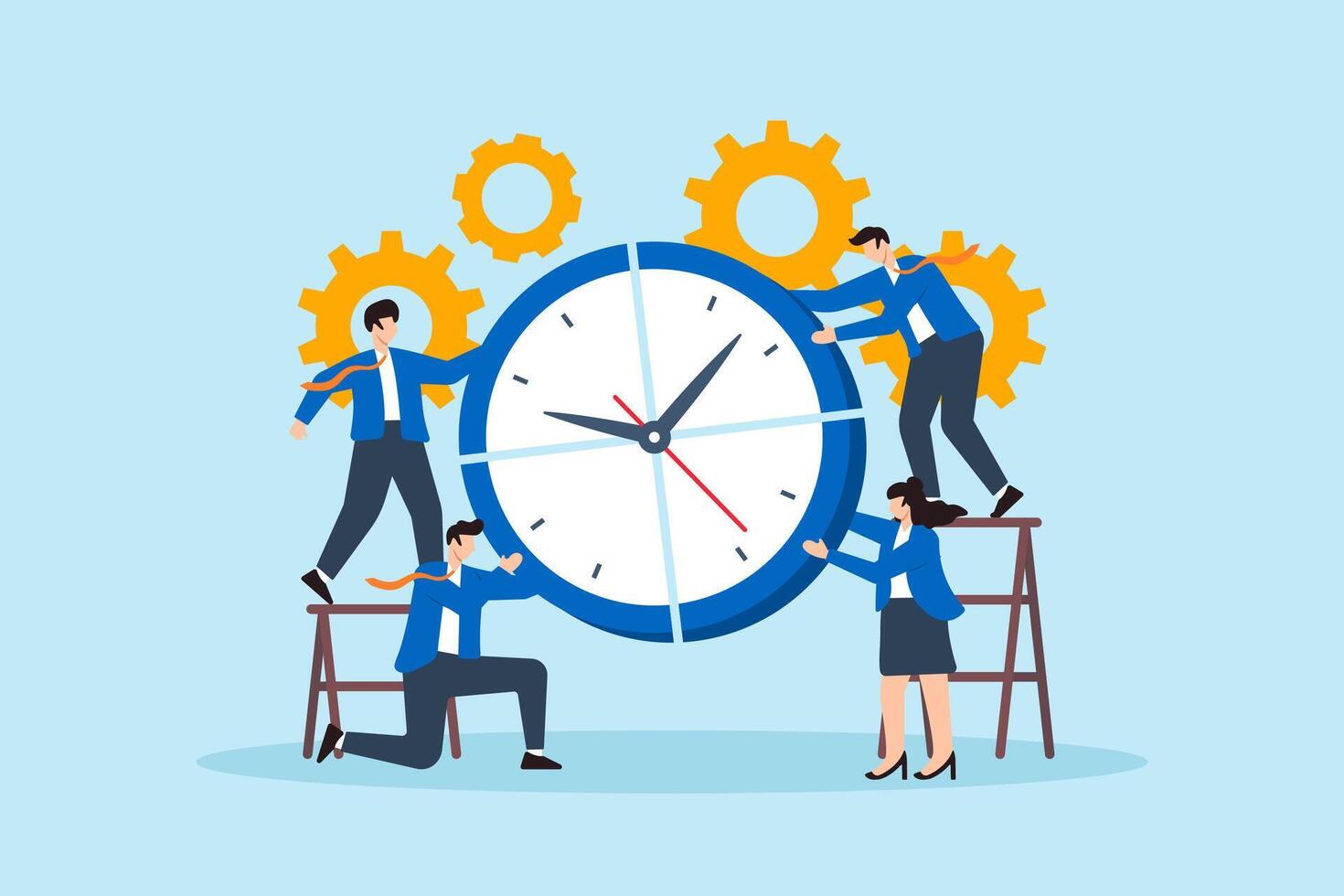 Flat illustration of business team assembling giant clock together to symbolize teamwork time management productivity and task coordination vector