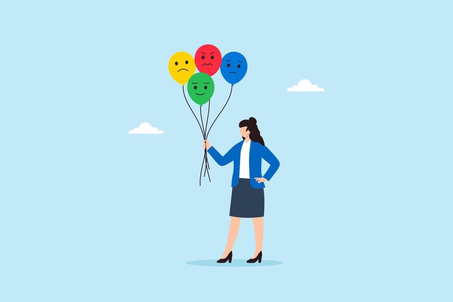 Flat illustration of businesswoman holding balloons with different facial expressions symbolizing emotional diversity mood swings and mental health awareness vector