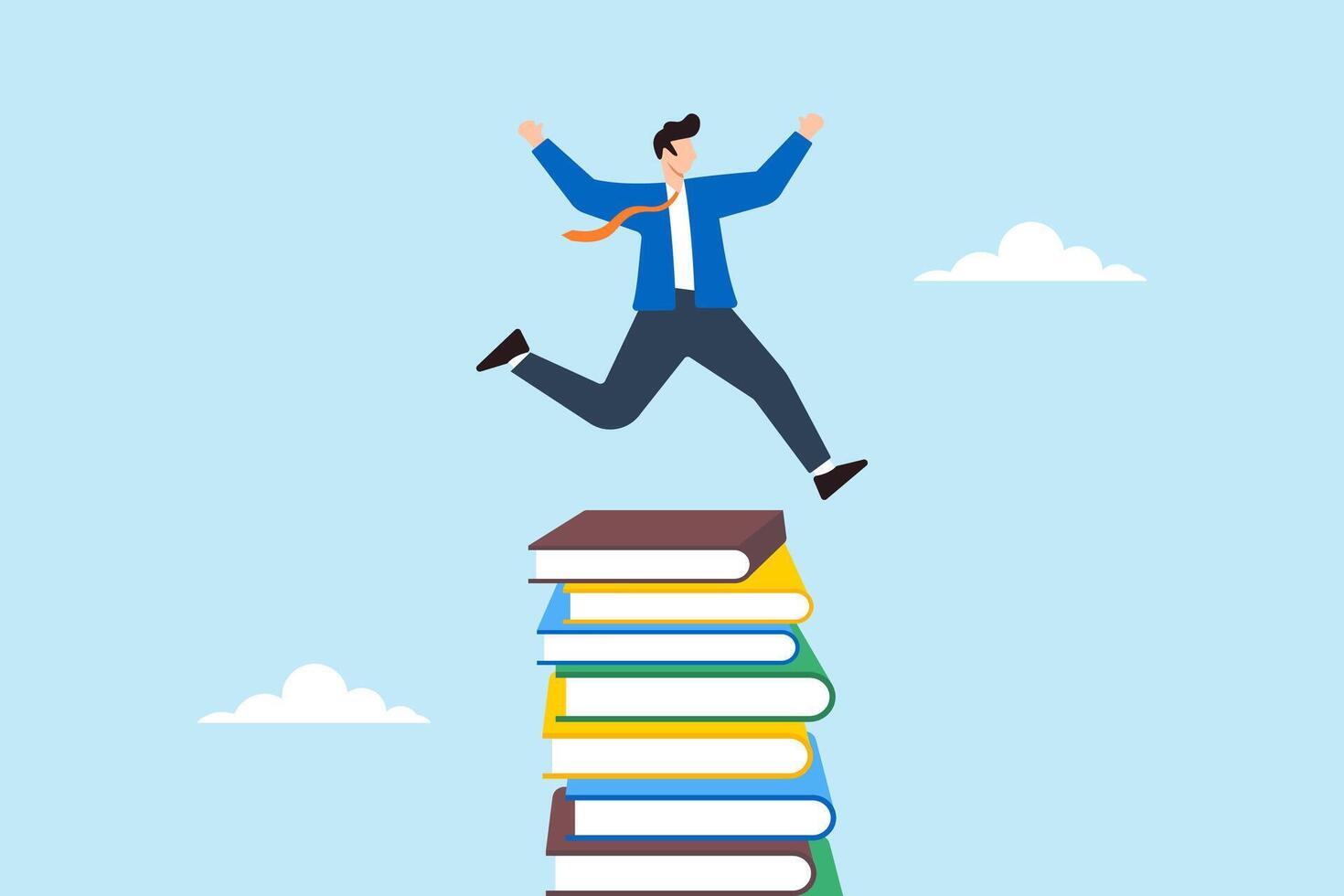 Flat illustration of businessman jumping over tall stack of books to represent knowledge challenge educational growth and learning journey vector