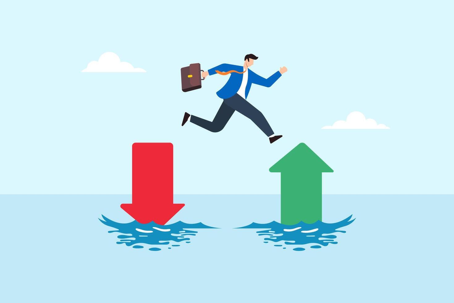 Flat illustration of businessman jumping from red down arrow to green up arrow over water to symbolize transition from failure to success and positive growth vector