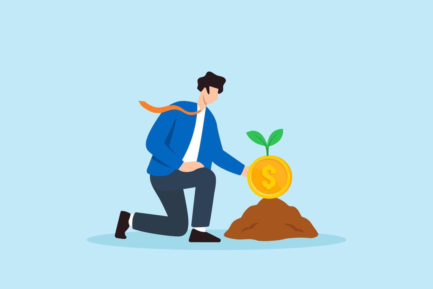 Flat illustration of businessman kneeling to plant golden coin seedling into soil for early investment and long term financial growth vector