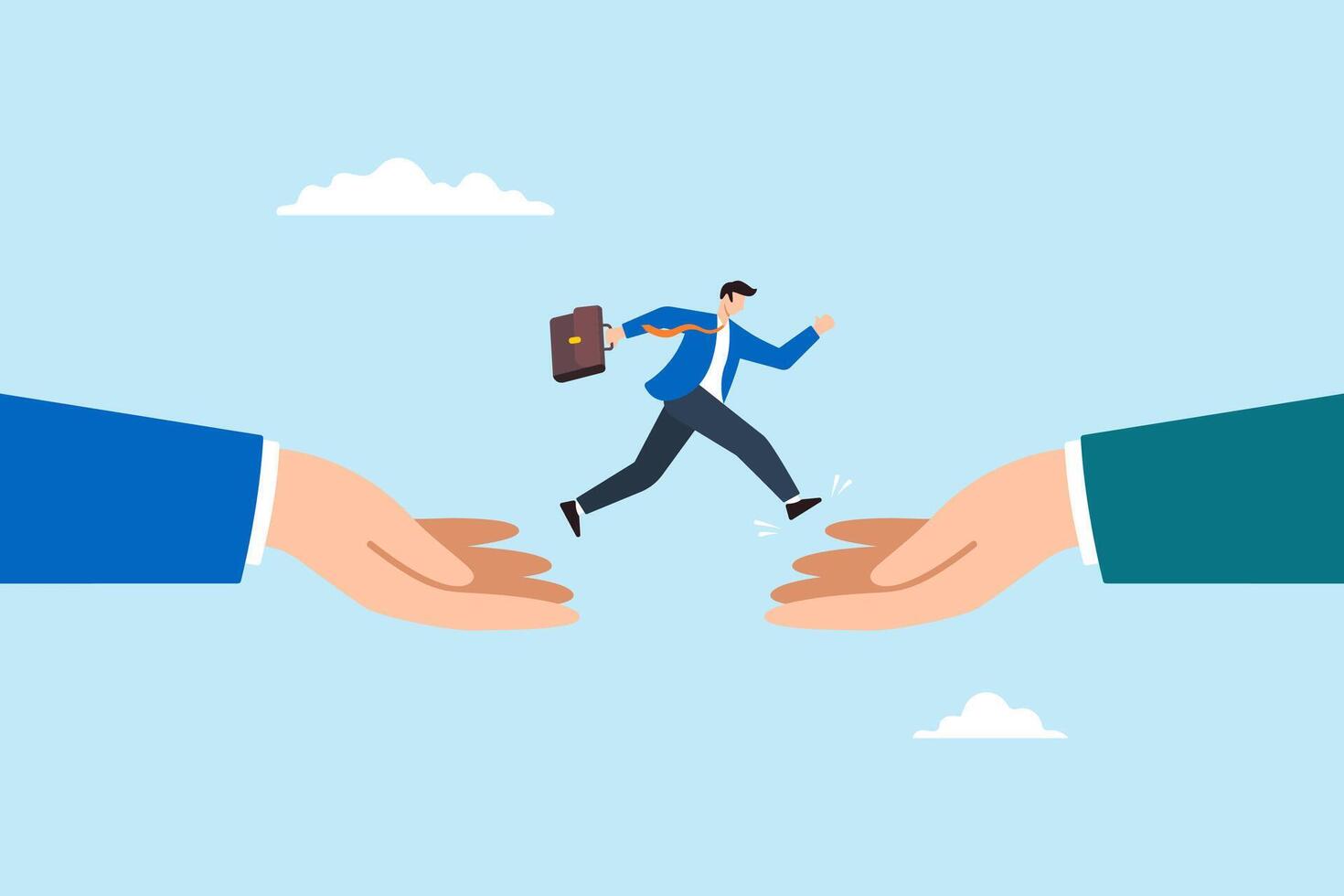 Flat illustration of businessman leaping between two giant hands to represent opportunity career transition and decision making with support vector