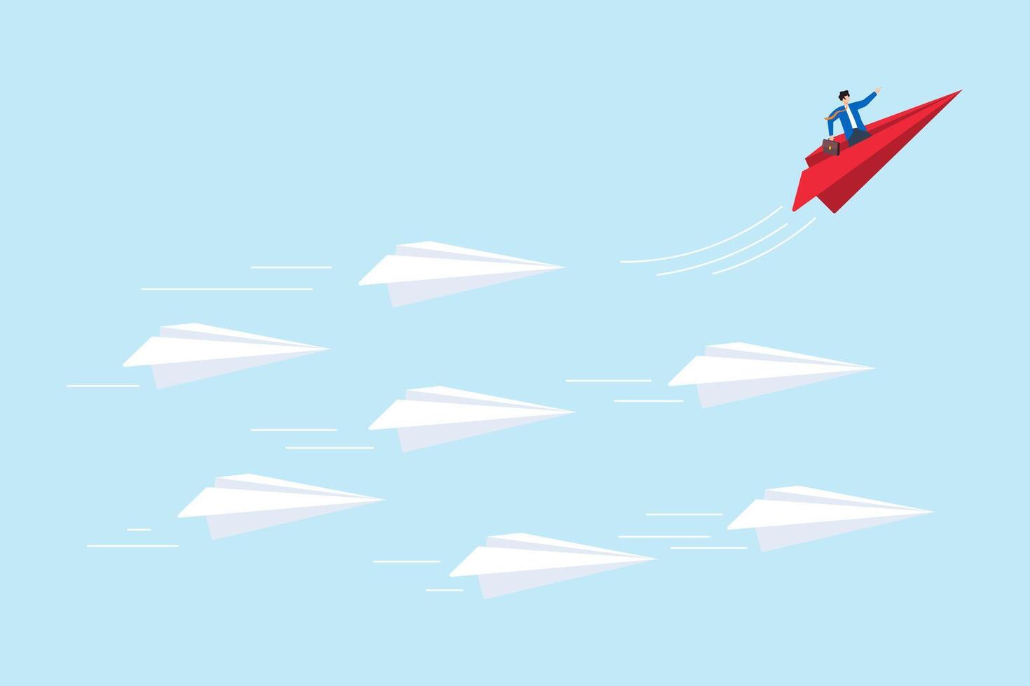 Flat illustration of businessman flying red paper plane in different direction to symbolize leadership innovation and thinking differently from the crowd vector