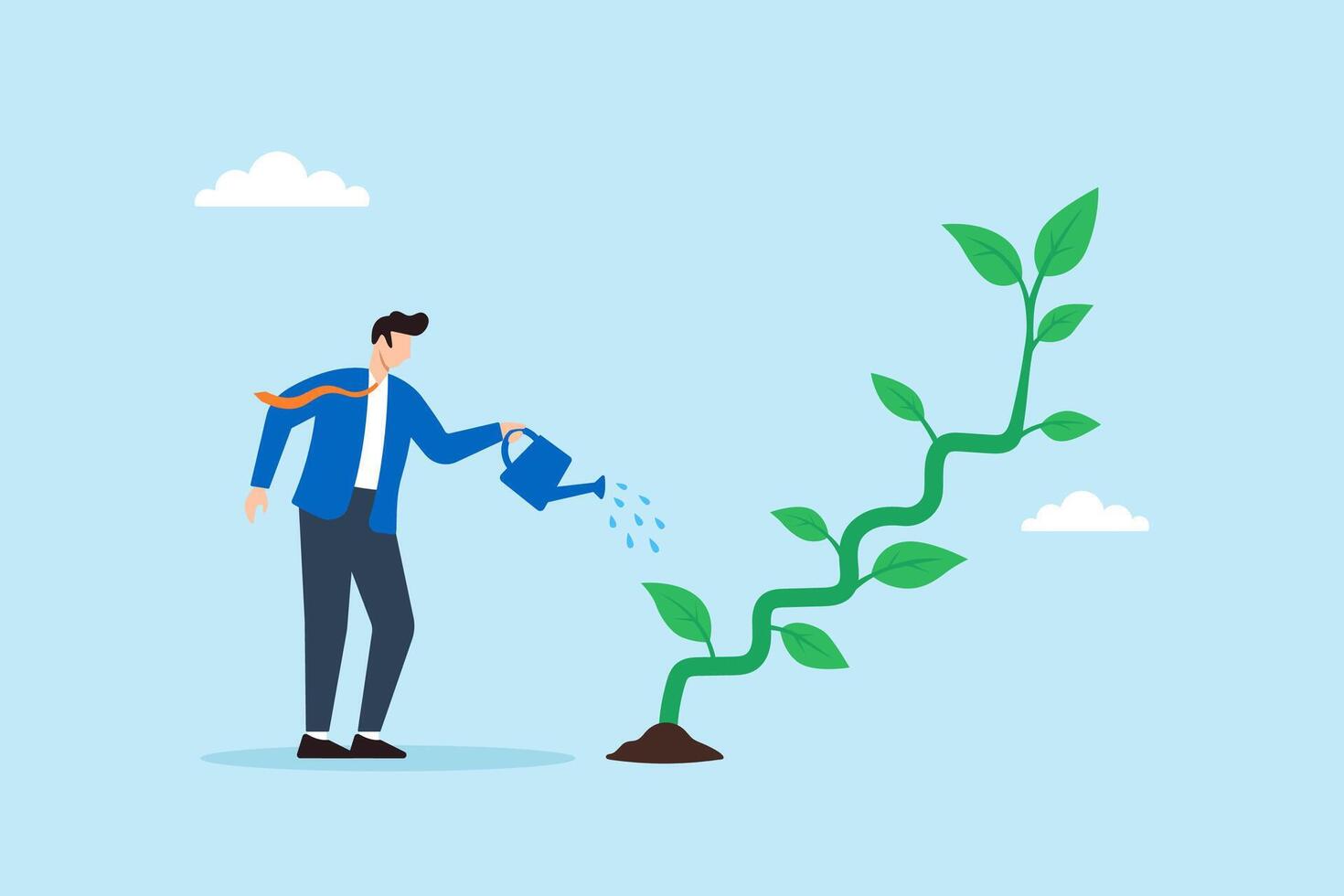 Flat illustration of businessman watering step-shaped plant growing upward to represent gradual business success and steady goal achievement vector