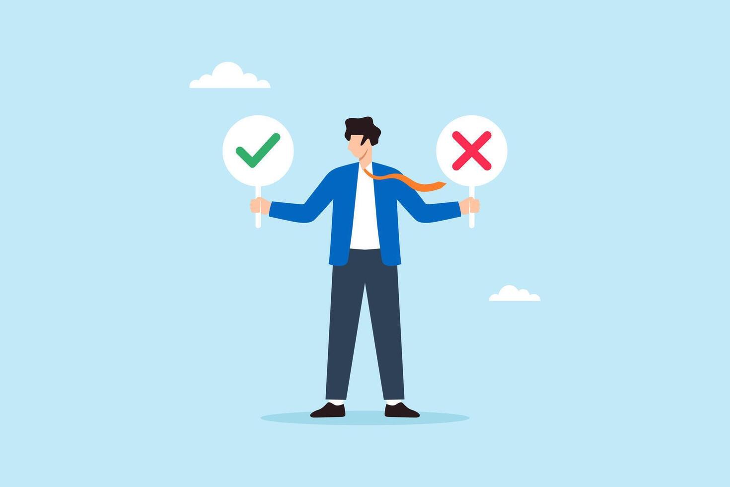 Flat illustration of businessman holding check mark and cross signs to represent decision making comparison and choosing between right and wrong vector