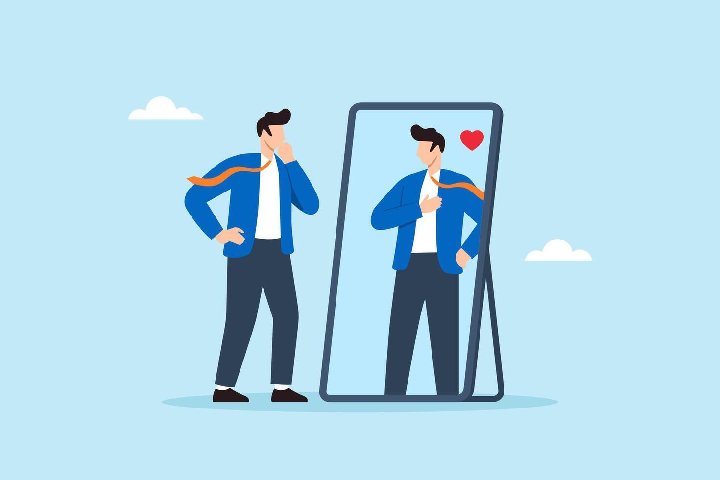 Flat illustration of confident businessman looking at mirror with admiration symbolizing self-love self-esteem and positive thinking vector