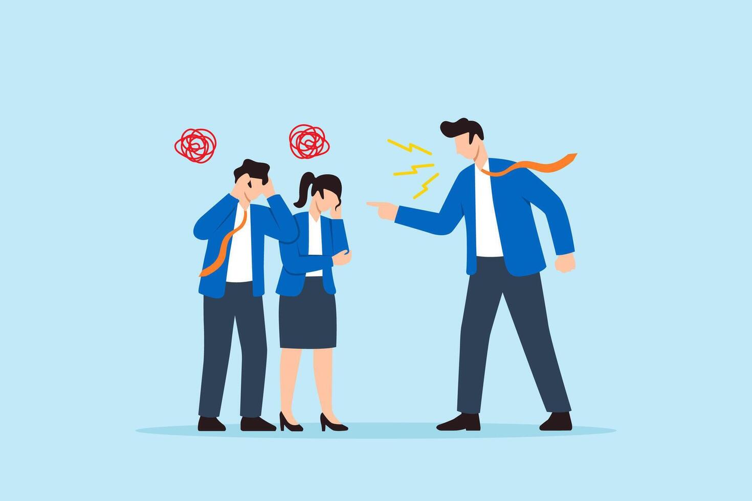 Flat illustration of angry boss shouting at stressed employees symbolizing toxic work environment pressure and workplace conflict vector