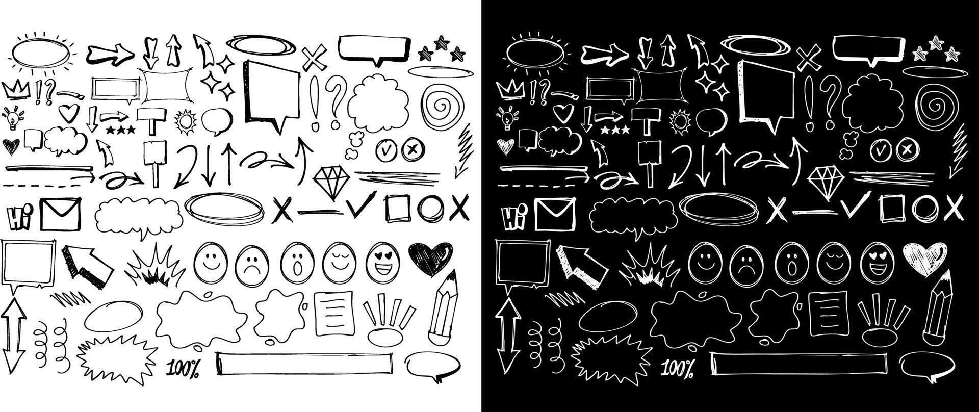 Hand drawn doodle set graffiti elements. Simple sketch line style elements. Doodle arrow, heart, star, clouds, sparkle decoration symbol, icon set, speech bubbles. vector