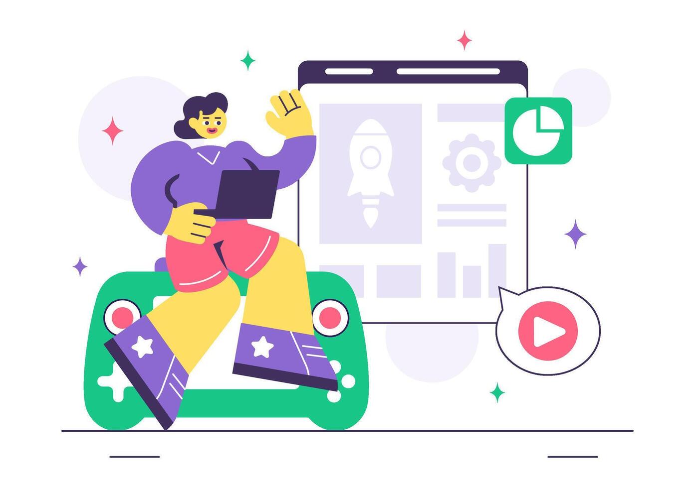 Gamer with laptop on game controller vector