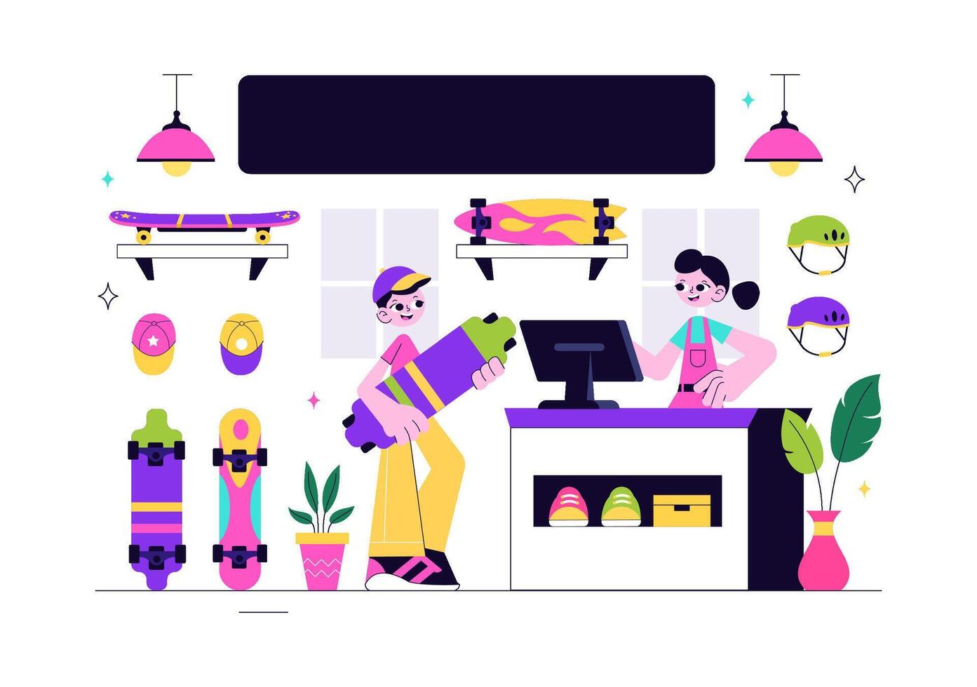 Skateboard shop with skaters and gear vector