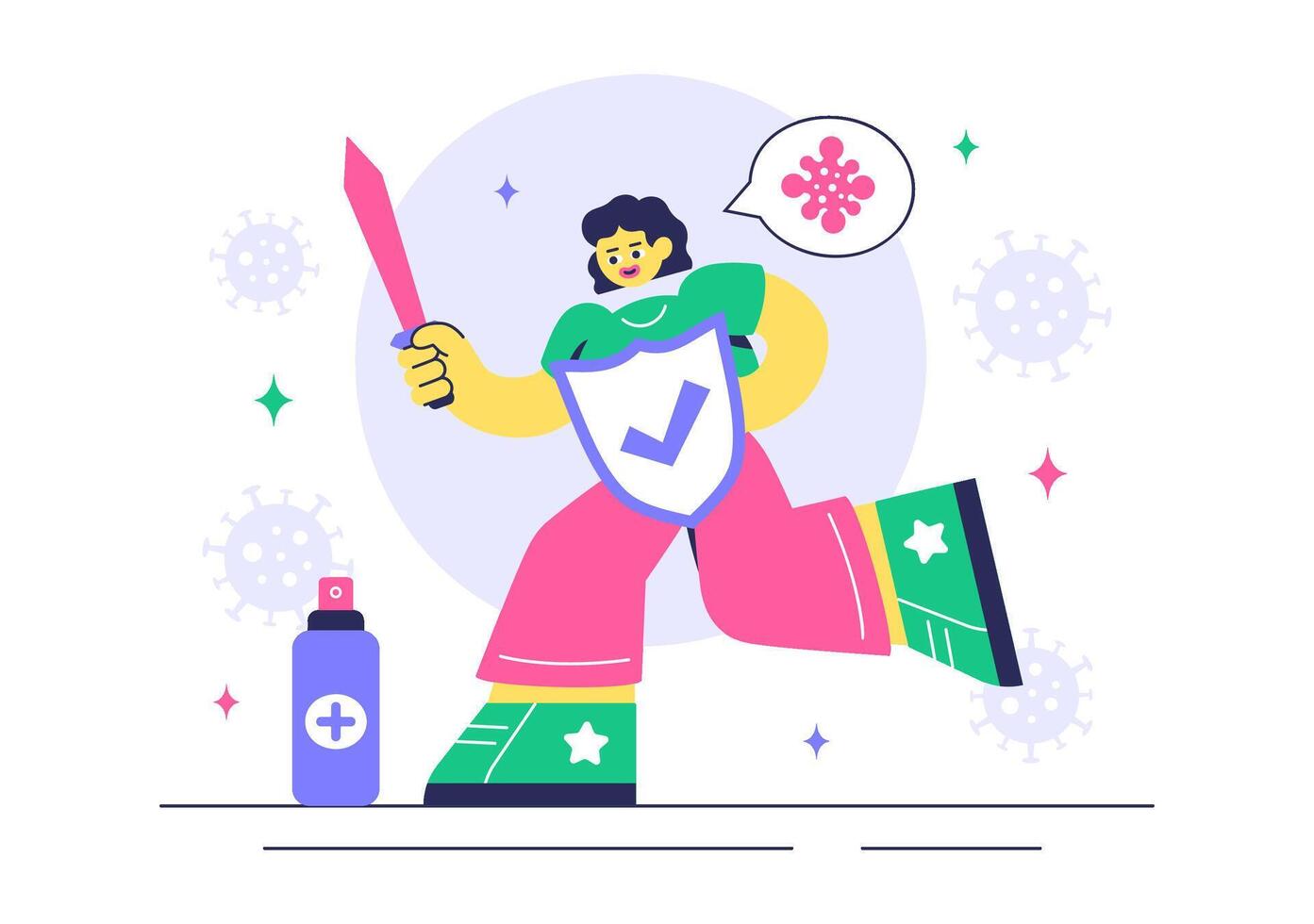 Character with shield and sword fighting germs vector