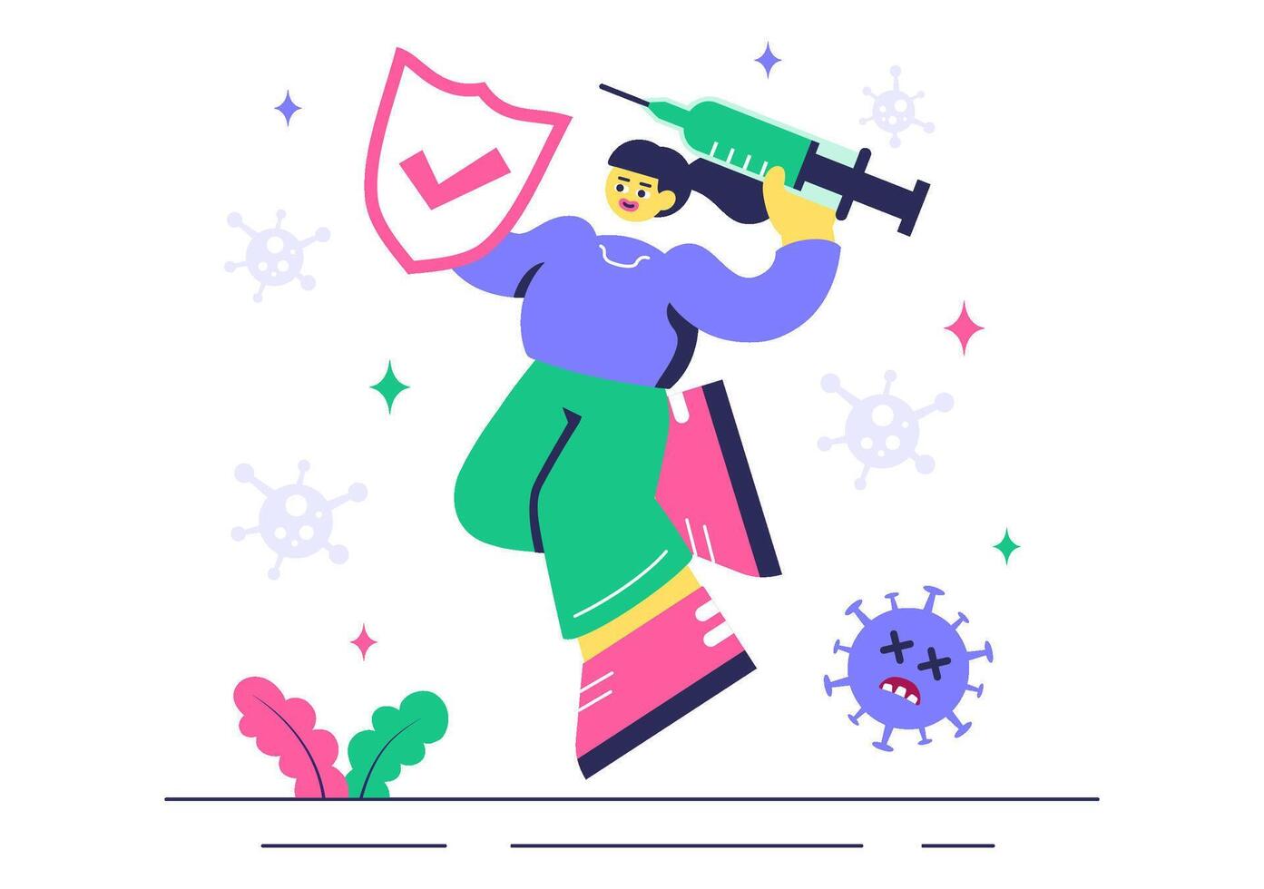 Character holding syringe and shield illustration vector