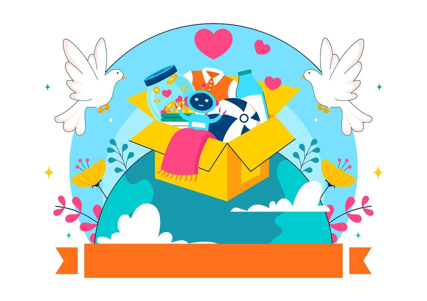 Flat Style Illustration of Charity Support with Donation Package and Helping Hands for International Day vector