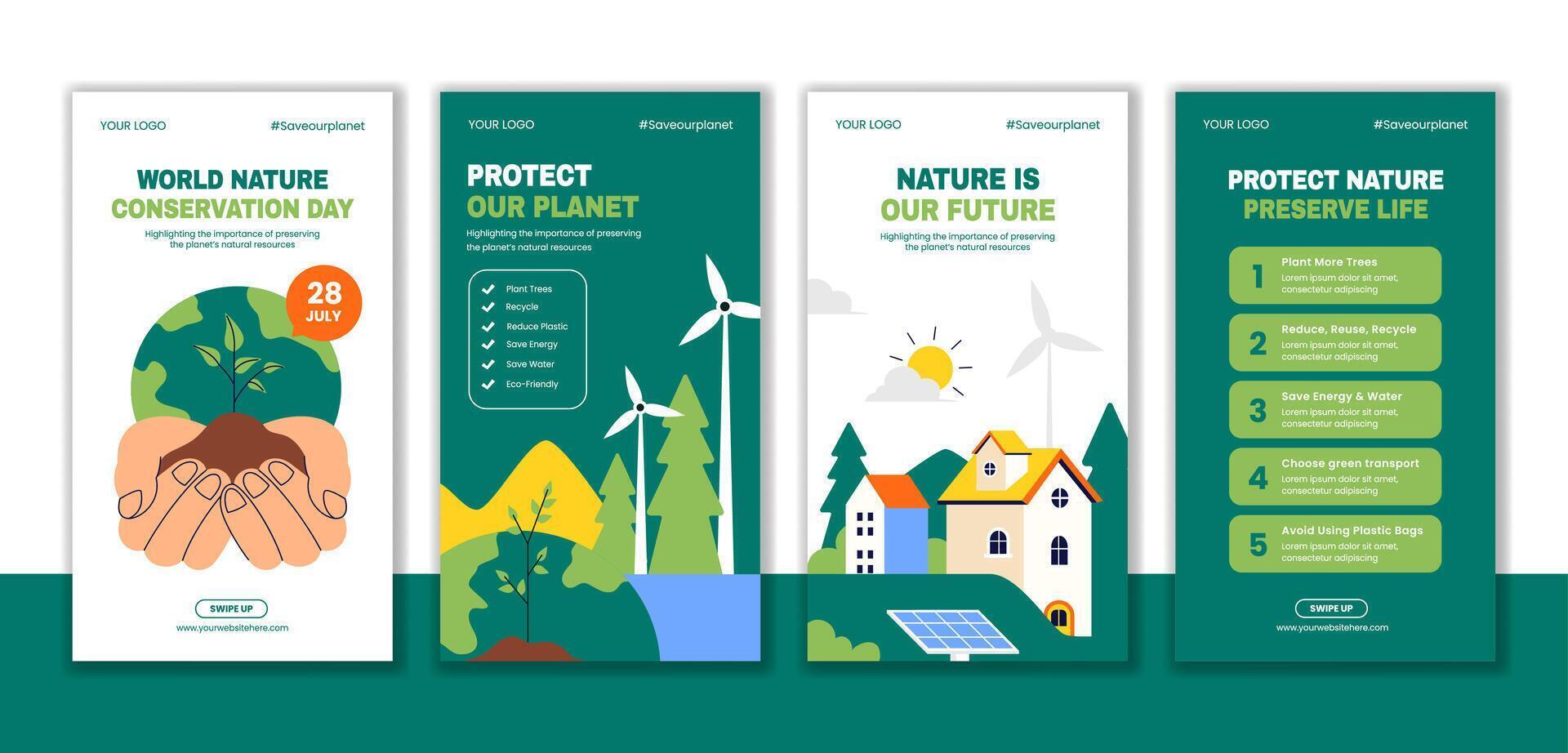 Nature Conservation Day Stories Template with Flat Cartoon Hand Drawn Background vector
