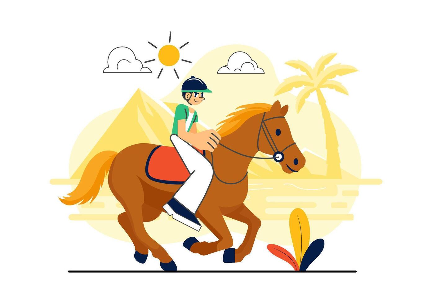 Illustration of a Child Learning to Ride a Horse in a Sunny Green Landscape in Flat Style vector