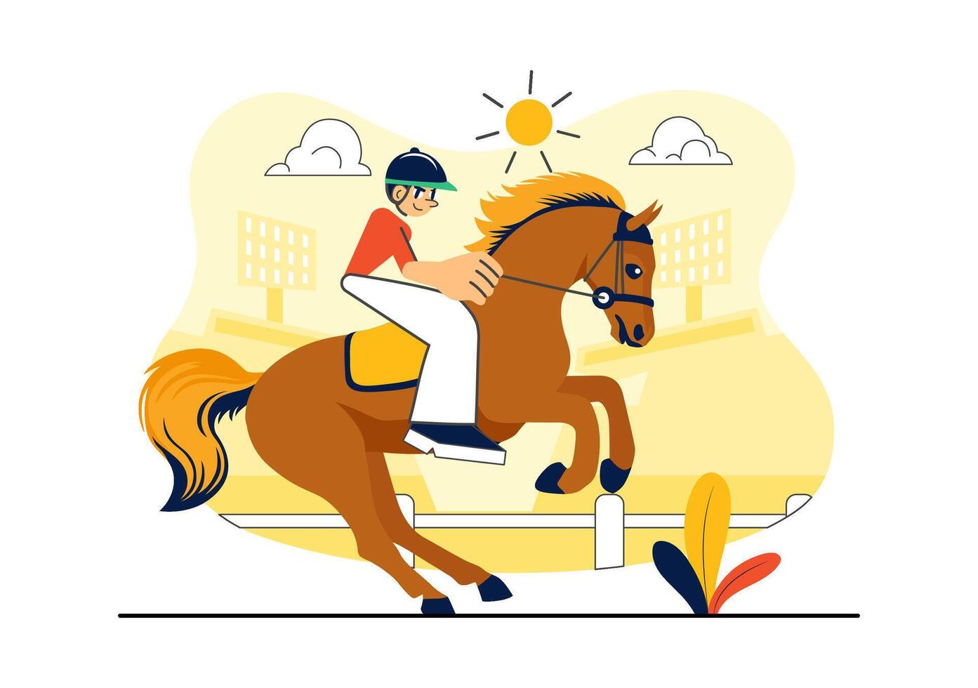 Flat of Equestrian Athlete Riding a Brown Horse in an Open Landscape vector
