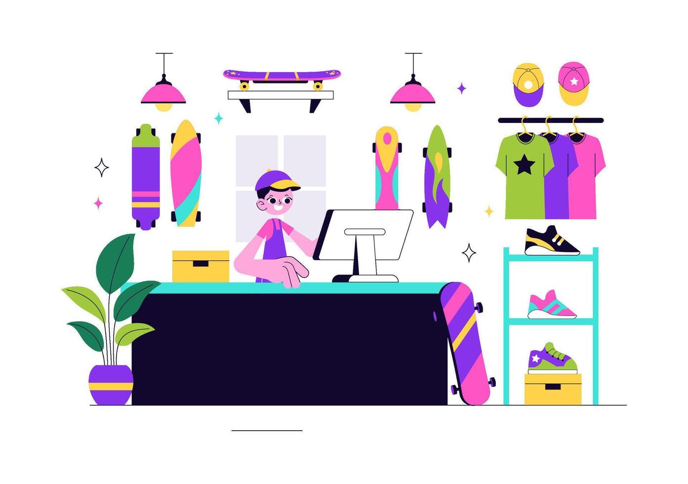 Illustration of Skateboarding Gear Shop Displaying Wheels, Decks, and Accessories vector