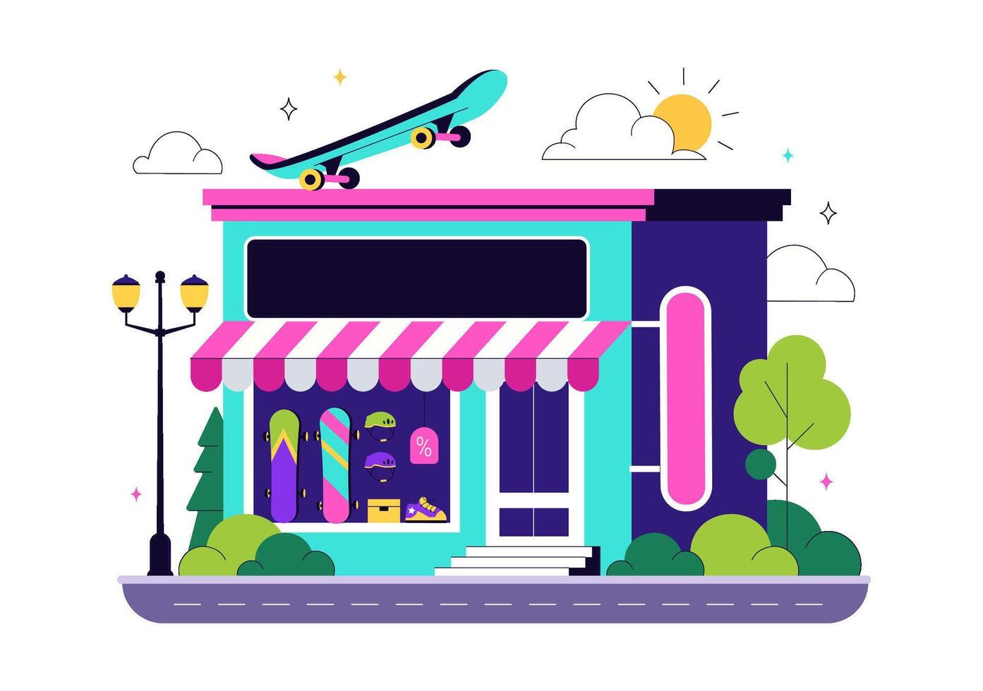 Urban Skateboard Shop Illustration with Colorful Boards, Wheels, and Gear on Display vector