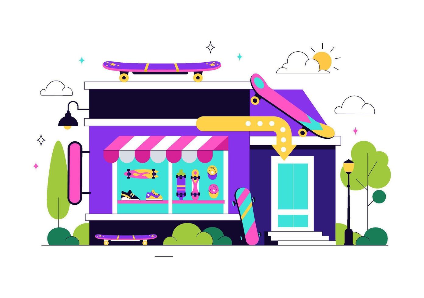 Flat Illustration of a Skateboarding Store Selling Complete Boards and Spare Parts vector