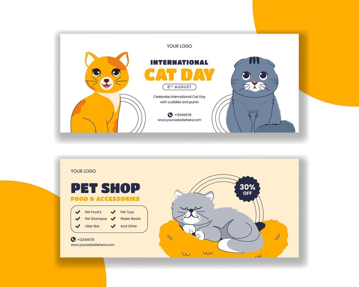Cat Lovers Day Social Media Post with Hand-Drawn Cartoon Style and Pet Horizontal Banner vector