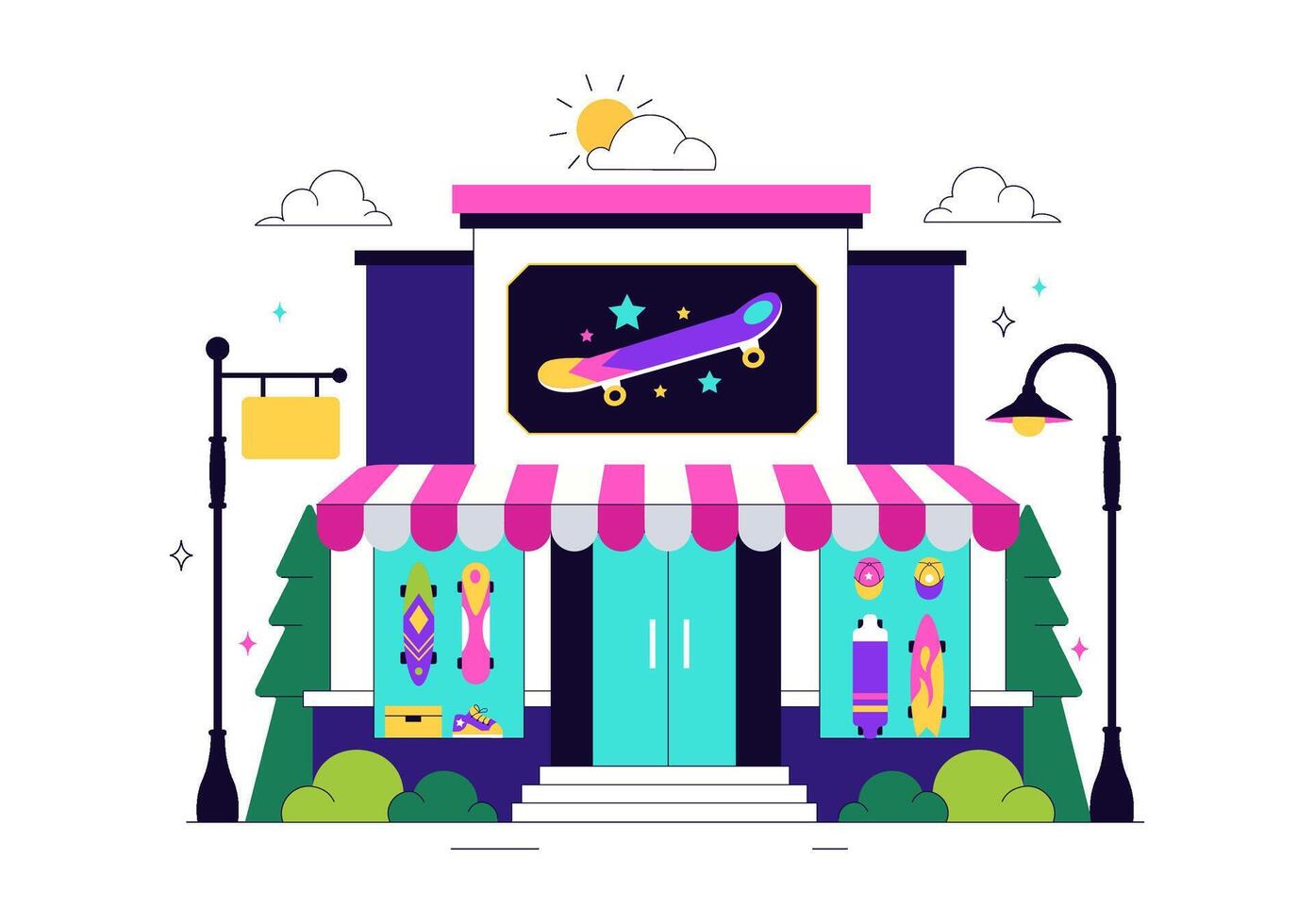 Illustration of a Skateboarding Shop Interior Displaying Boards and Wheels in Cartoon Style vector