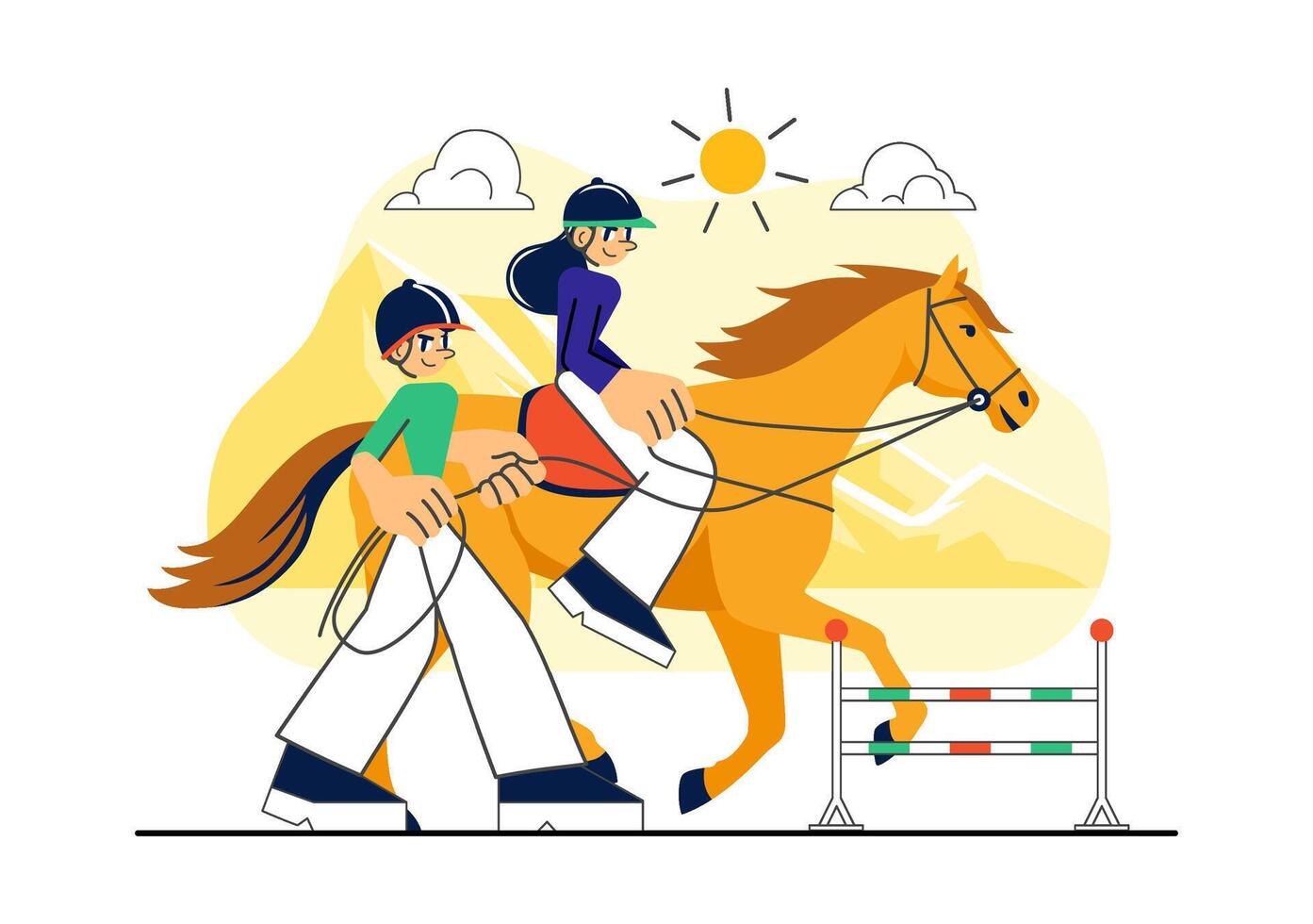 Flat Style Cartoon of a Man Riding a Horse Through the Countryside vector
