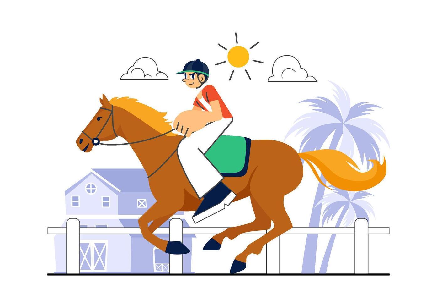 Equestrian Training Scene with a Rider and Horse Galloping Across a Cartoon Field vector