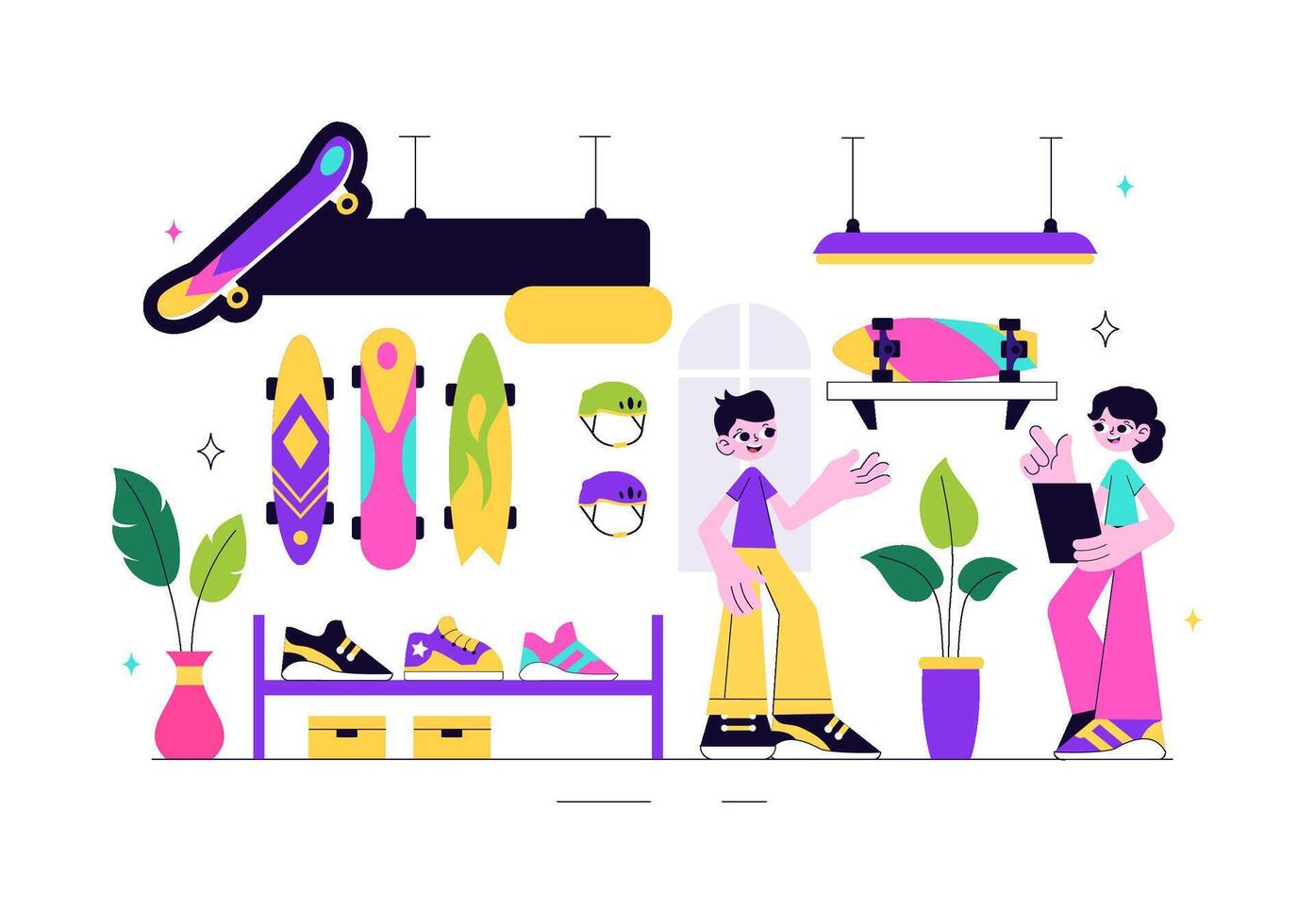 Skateboard Retail Store Illustration Featuring Equipment and Accessories in Flat Design vector
