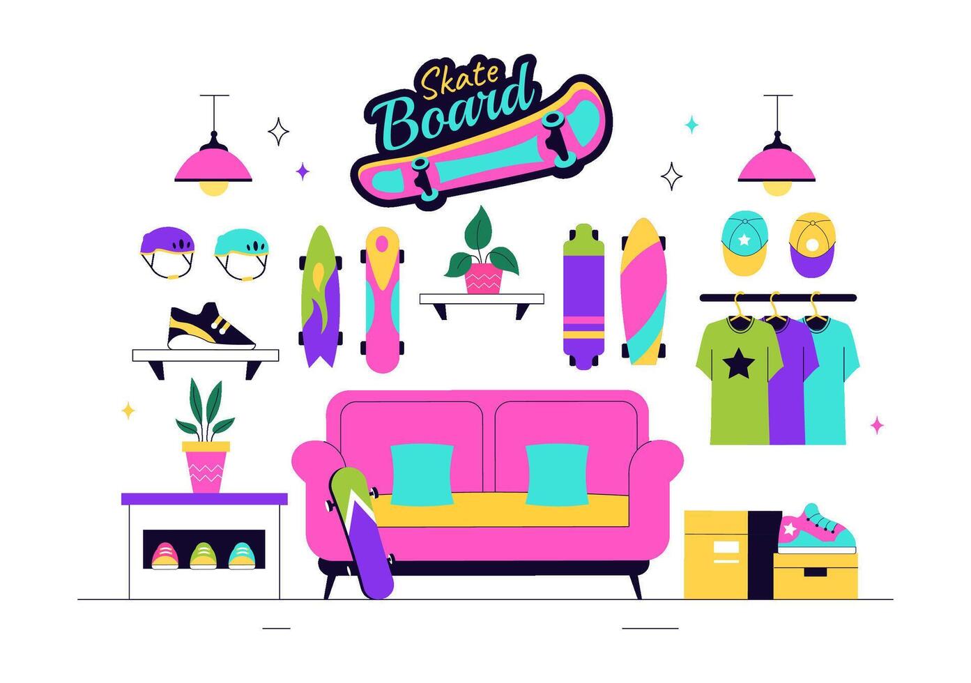 Skateboard Equipment Storefront Illustration in Flat Style with Outdoor Sign and Products vector