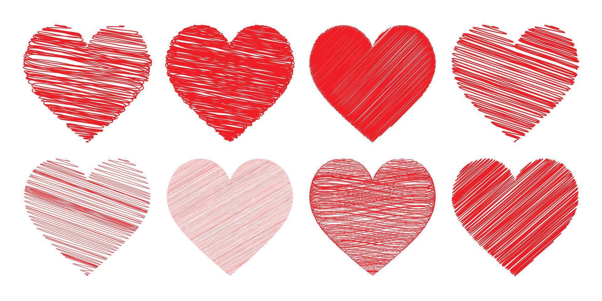 Collection of stylized hearts, rendered in a hand-drawn, scribbled style. vector