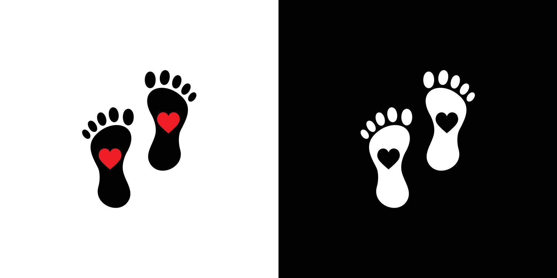 Footprints of Love Heart Shaped Footprints in black and white. vector