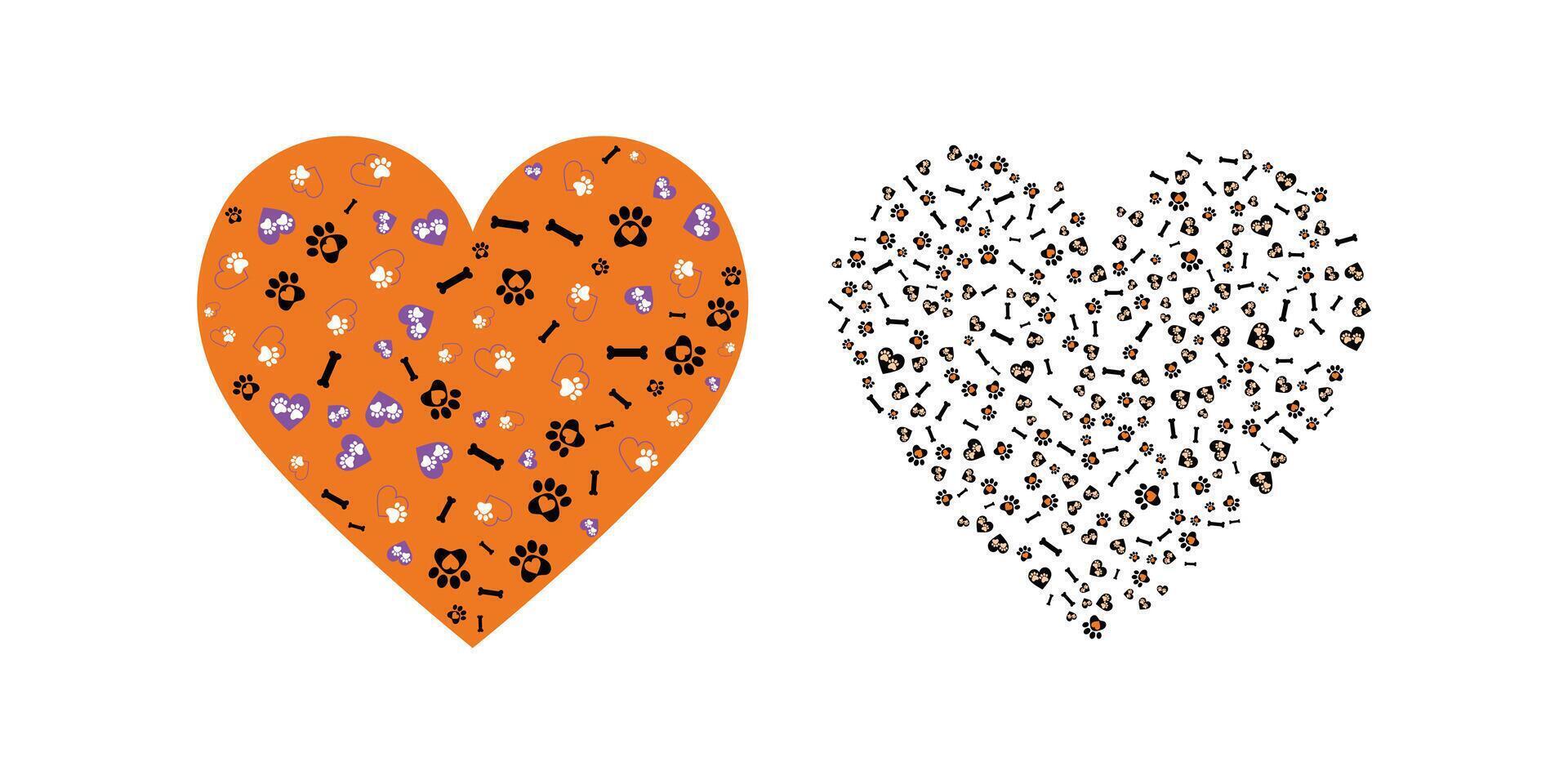 Heart shaped design filled with pet paw prints and bones, perfect for animal lovers. vector