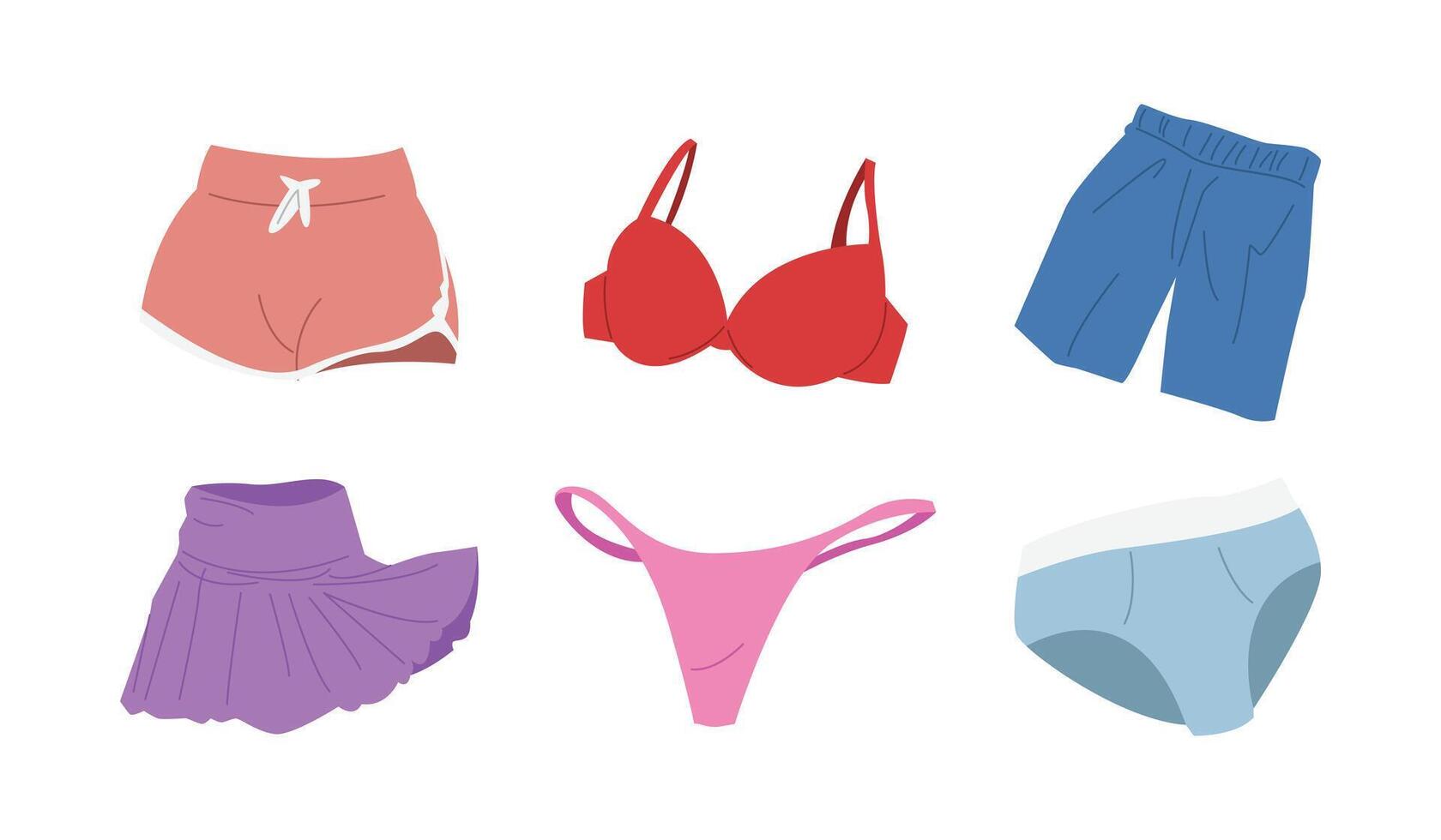 Set of underwear clothing. Shorts, bra, boxer, mini skirt, g string, and briefs. Cartoon style. vector