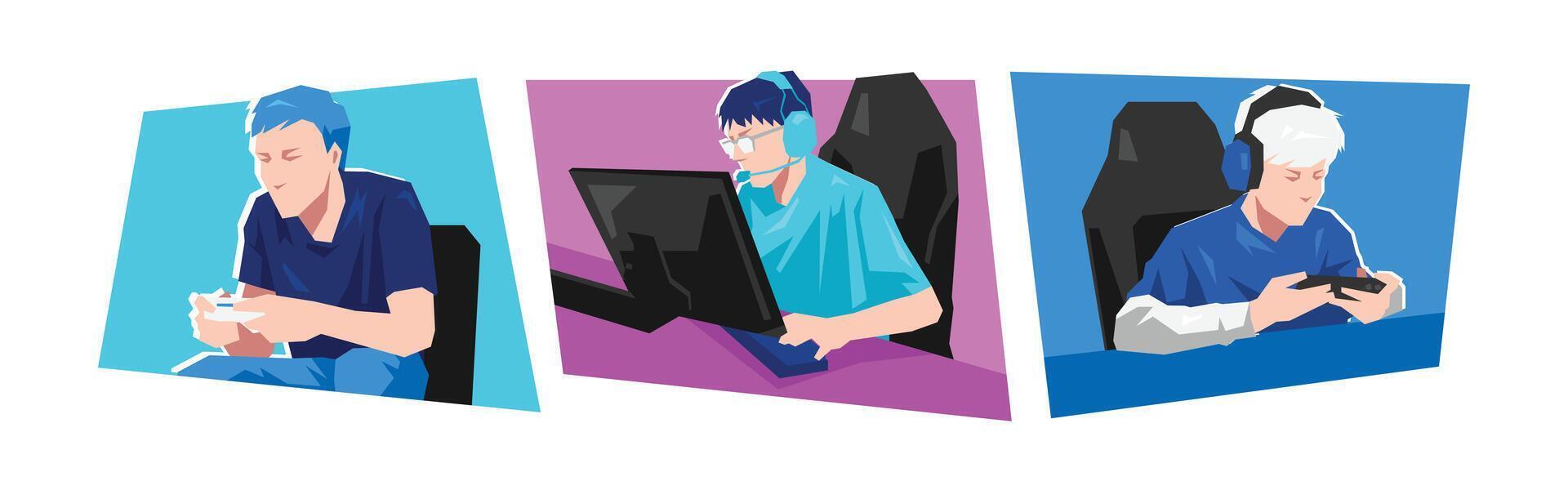 Three diverse gamers engaged in gaming vector