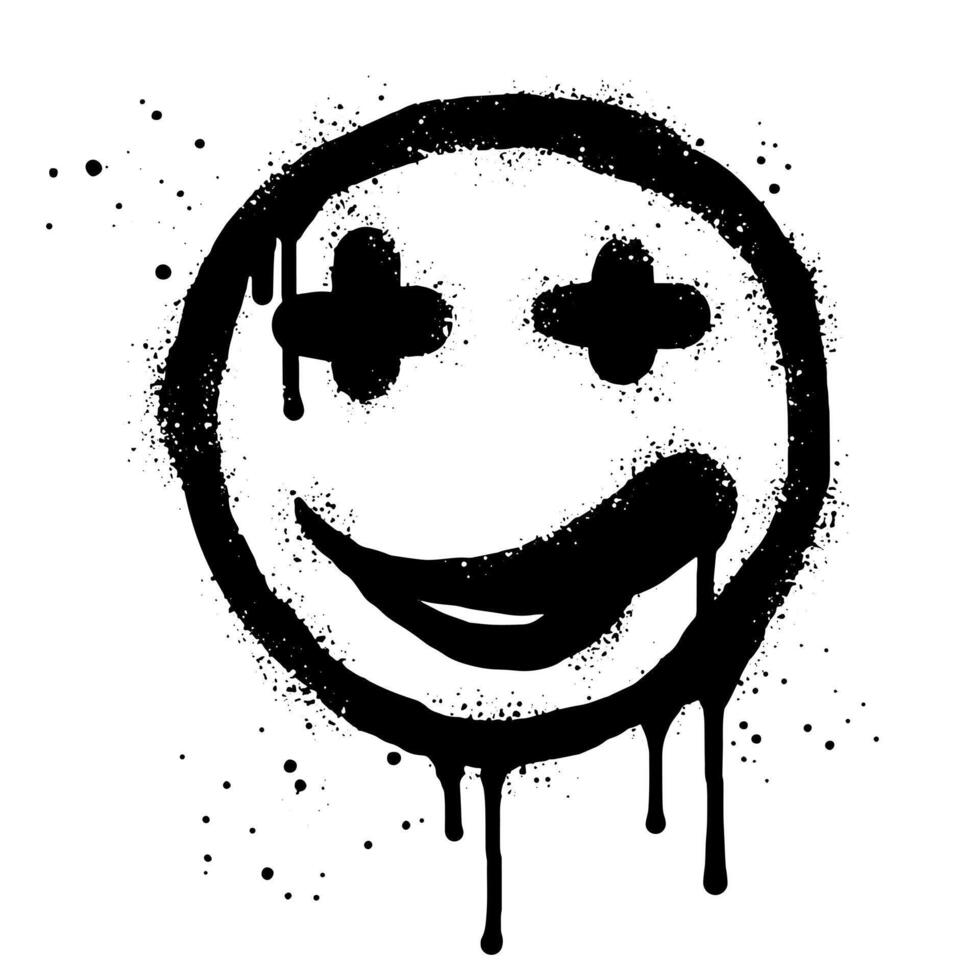 smiling face emoji character. Spray painted graffiti smile face in black over white, vector