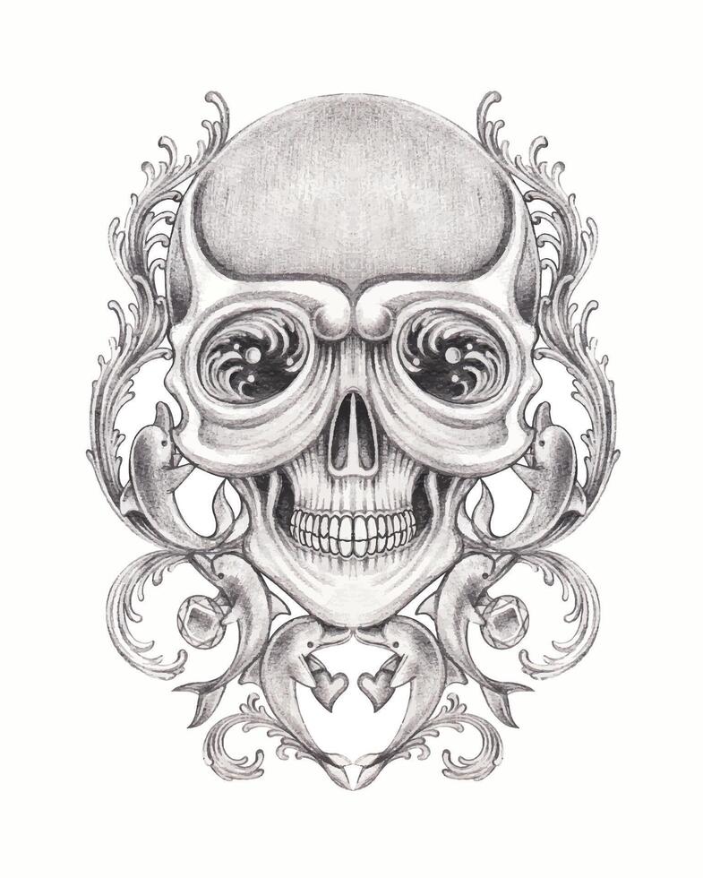 Skull tattoo surreal fantasy art design by hand drawn on paper. vector