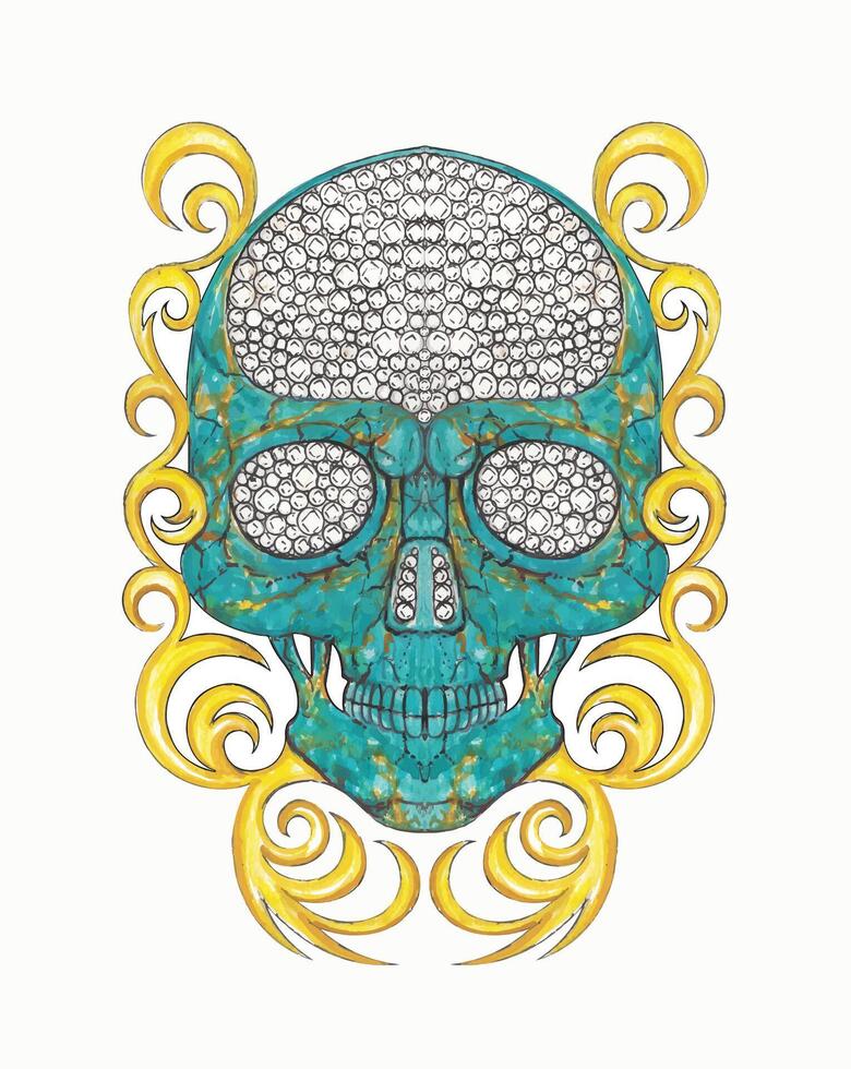 Jewelry design skull with turquoise diamond and gold by hand drawn. vector