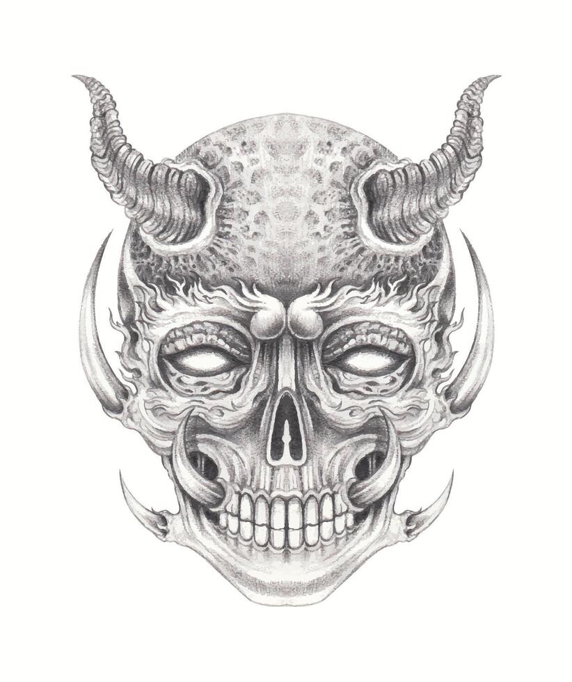 Demon skull surreal art tattoo design by hand drawn. vector