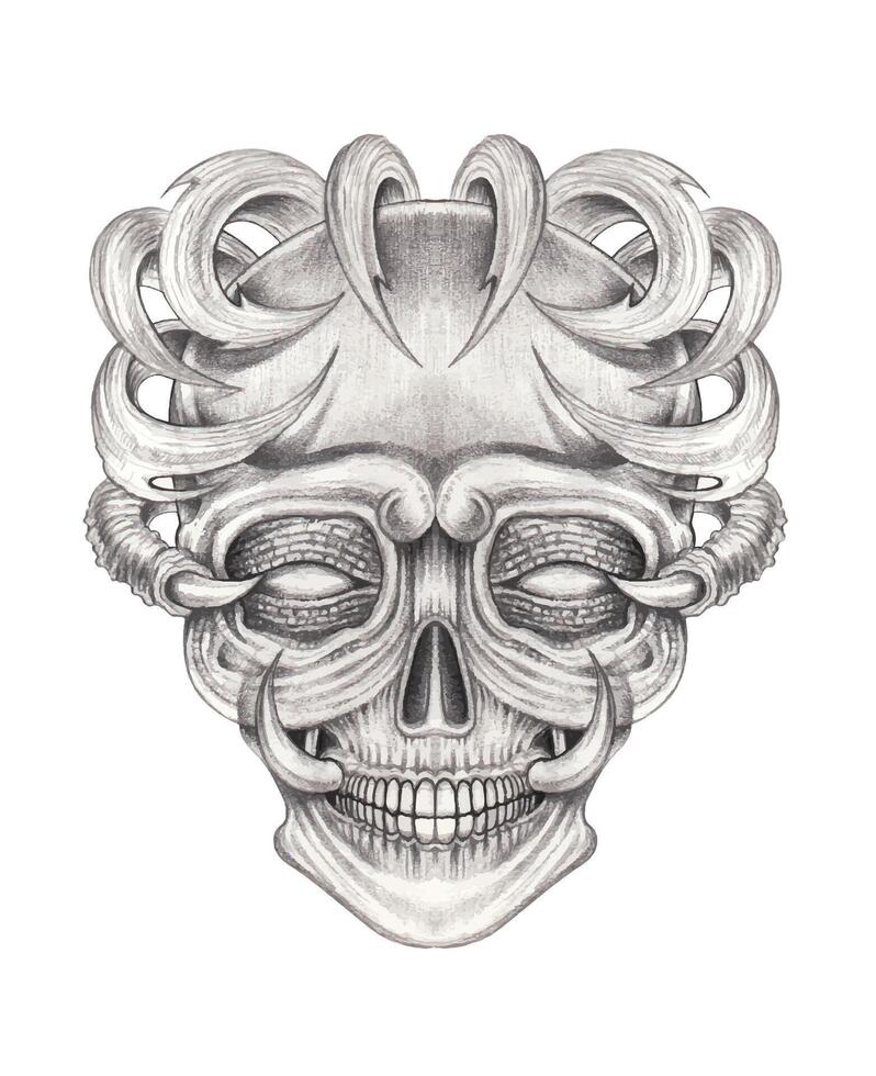 Surrealist skull tattoo design by hand drawn on paper. vector