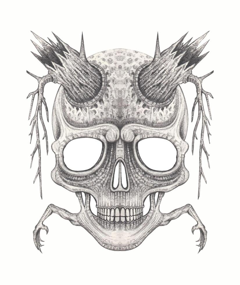Demon skull surreal art hand drawn on paper. vector