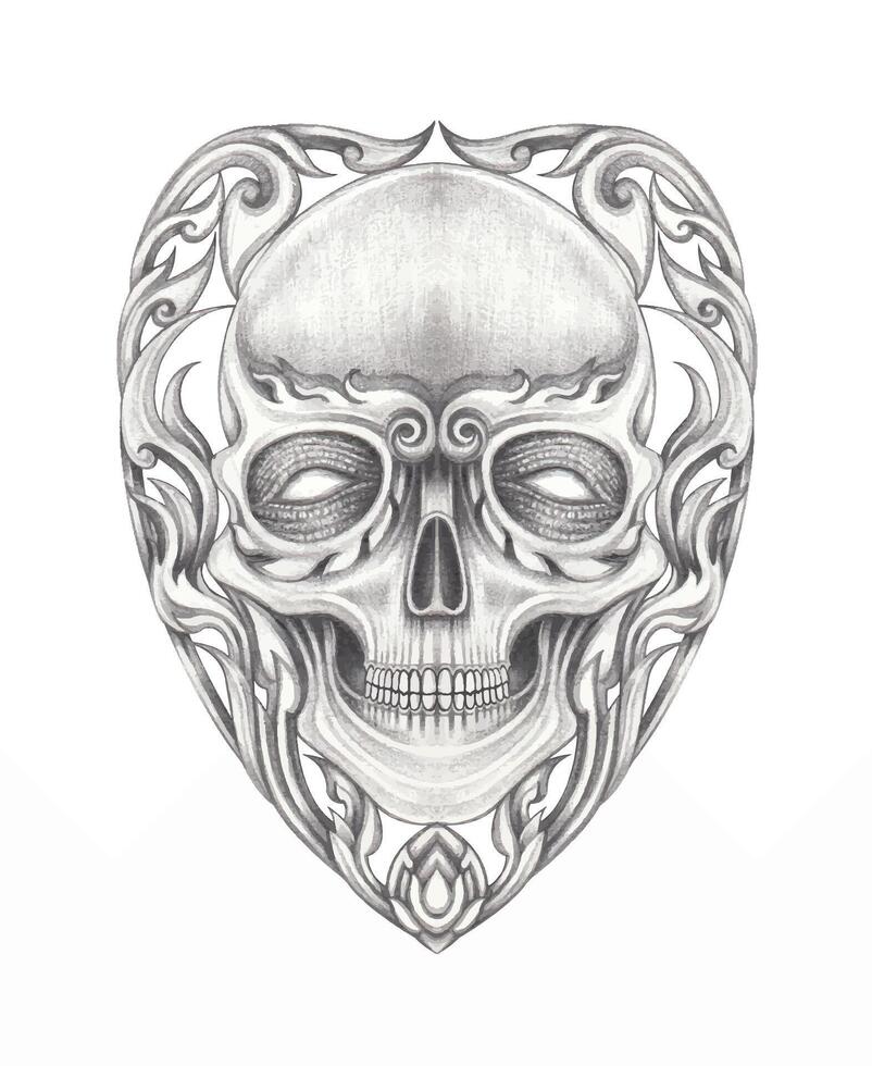 Neo thai tattoo skull and heart design by hand drawn. vector
