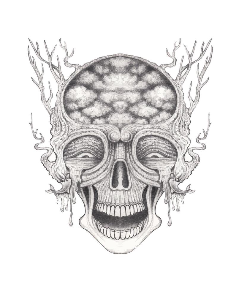 Skull tattoo surreal art design by hand drawn on paper. vector