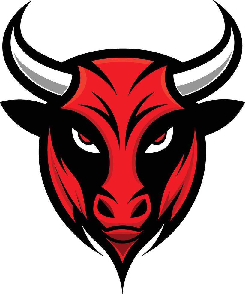 Red Bull Head Logo , with Sharp White Horns, Aggressive Bull Mascot Design in Bold Graphic Style, Powerful Animal Logo Symbol with Intense Expression. vector