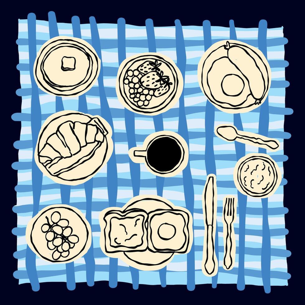 Set of doodle style illustrations of breakfast or picnic, simple food illustrations vector